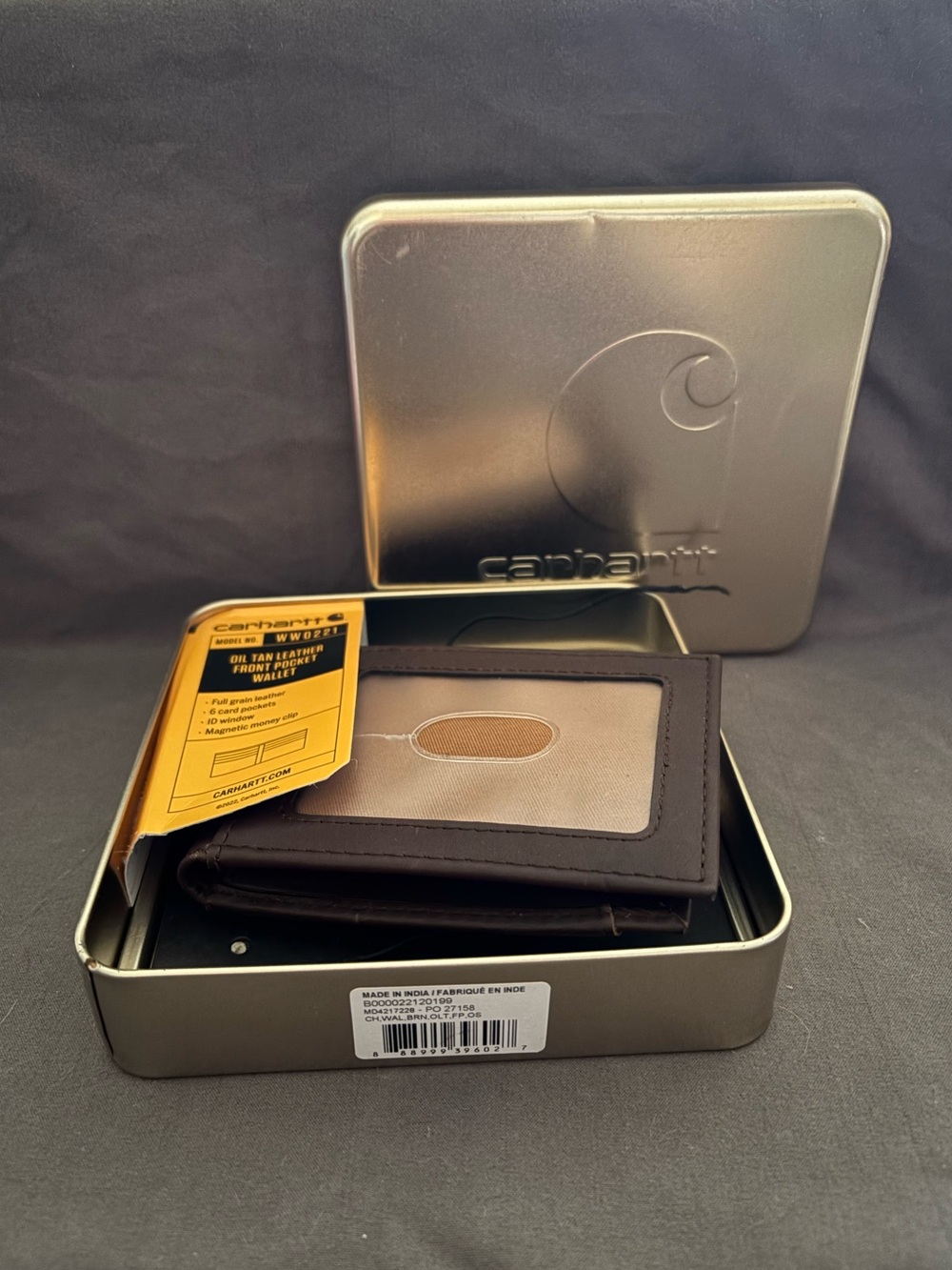 Carhartt Brown and Tan Leather Bi-Fold Wallet with Branded Tin